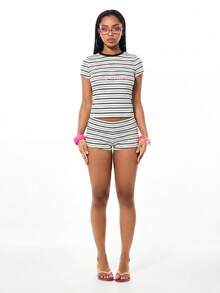 BABYPHAT Camiseta a rayas con bordado de logo, cuello redondo, manga corta, ajustada, de canalé, casual de verano - Blanco - Ver 4