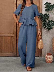 EMERY ROSE Women's Solid Color Round Neck Pleated Short Sleeve Top And Long Pants Casual 2-Piece Set Holiday Vacation Dusty Blue Summer, Vacation - Blue - View 8