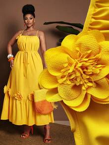 Maweii Vestido de Férias Solto com Aplicação Floral Plus Size, Linha A, Sem Mangas, Primavera/Verão - Amarelo - Visão 1
