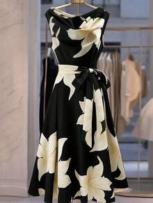 SHEIN Franclia Đầm nữ không tay cổ xếp ly thắt nơ phía trước, đầm đi nghỉ mát nữ, đầm đen nữ - màu đen - Xem 4