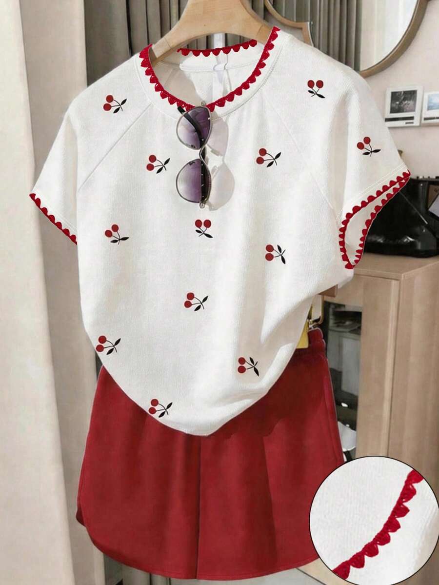 少女撞色蝴蝶结刺绣爱心图案T恤短裤两件套,休闲舒适柔软圆领短袖T恤短裤套装,适合春夏日常、度假、节日穿着,春夏穿搭 - 灰色 - 查看 1