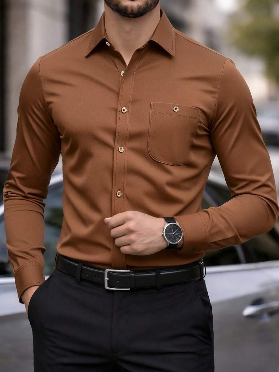 Manfinity Bizformal 男士正裝襯衫 素色長袖彈性免燙正式襯衫 商務休閒鈕扣領襯衫 儀式適用 - 棕色 - 查看 1