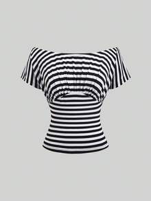 Sweetra Black & White Striped Versatile Off Shoulder Elastic Design Soft & Slimming Women's Summer T-Shirt - Black and White - View 3