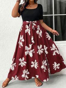SHEIN Frenchy Plus Size Solid Color Leopard Patchwork Simple Daily Short Sleeve Dress For Women Fall Clothes - Red - View 3
