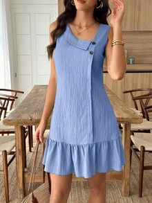 Louniche Đầm ngắn dáng chữ A cho nữ, cổ bất đối xứng, cài cúc, chất liệu vải có họa tiết, viền bèo nhún, thích hợp cho mùa hè hoặc đi nghỉ mát. - Màu xanh nhạt - Xem 5