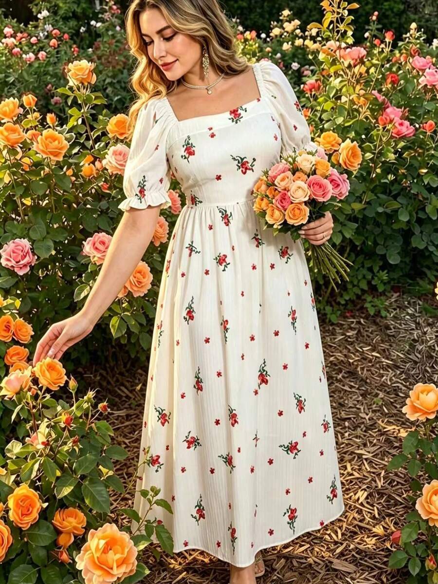 Modelyn فستان ماكسي مطرز بنقشات زهرية عشوائية مع أكمام مكشكشة، فستان أنيق وفخم للمناسبات والمنتجعات، مقاسات كبيرة، قصة مناسبة وفضفاضة للنساء - أبيض - مشاهدة 1