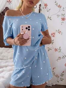 CottageSlumber Blue Heart Pattern Ribbed Knit Loose Fit Short Sleeve & Shorts Pajama Set For Women - Blue - View 8