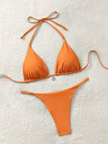 Soleia Women's Solid Color Halter Bikini Set, Summer Beach Vacation - Orange - View 6