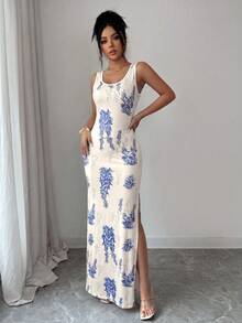 SHEIN Elenzya Exquisite Printed Chinoiserie Waist-Cinching Slit Luxurious Retro Middle Eastern UAE Style Robe, Tight Fit, Multi-Color, Sleeveless - Baby Blue - View 6