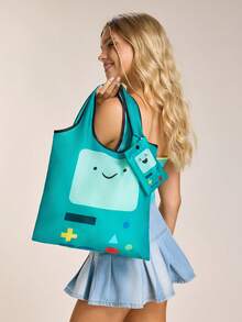 ADVENTURE TIME X SHEIN 1个可爱卡通人物印花涤纶纤维材质可折叠购物袋/手提袋，带珠链小收纳袋，可挂在包上，冒险主题 - 深湖水藍 - 查看 3
