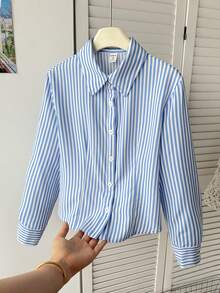 SHEIN 青少年女孩休閒日常百搭舒適翻領馬匹圖案刺繡襯衫 秋冬款 - 藍白色 - 查看 2