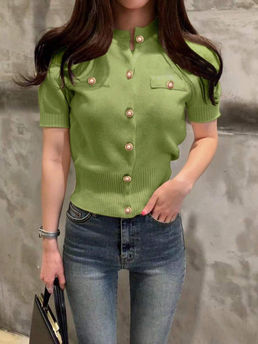 INAWLY Women's Fitted Solid Color Short Sleeve Single-Breasted Knit Cardigan - Green - View 1