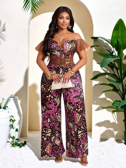 Brilight Women's Elegant Summer Jumpsuit: Stylish Printed Mesh Design. Features An Off-Shoulder V-Neckline, Delicate Mesh Pleating, And A Flattering Slim-Fit Cut With Relaxed Wide Legs-Perfect For Dates, Parties, Vacations, Festivals, And More.