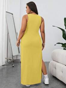 SHEIN Essnce Plus Size Women 2-Piece Set: Solid Color Slit Tie Back Camisole Dress And Shorts - Yellow - View 2