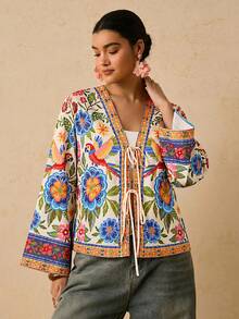 Travachic Plus Size Summer Floral Print Front Tie Loose Shirt - Multicolor - View 7