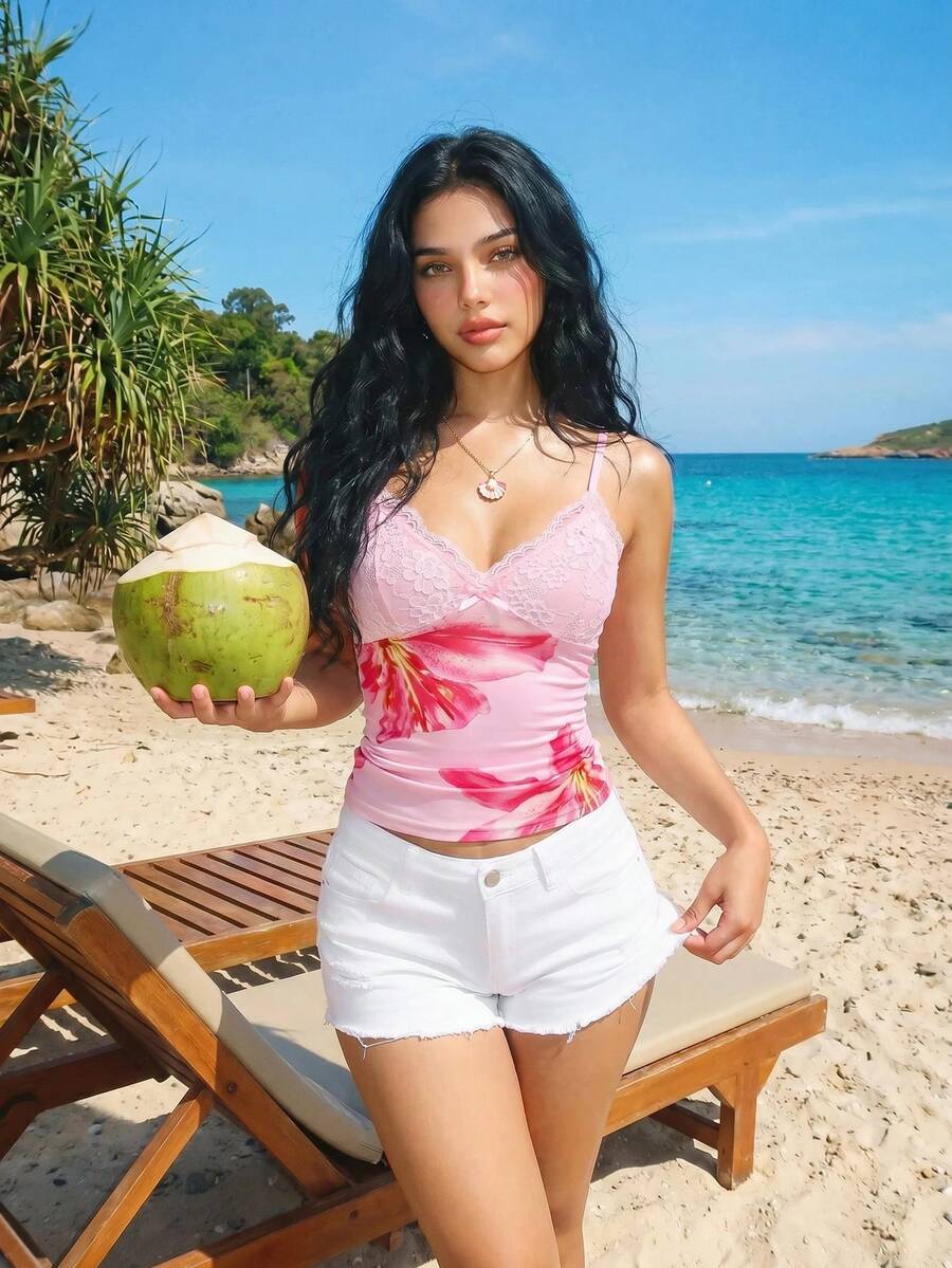 Sweetina 花卉印花蕾絲拼接女款細肩帶背心 - 粉色 - 查看 1