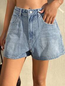 DAZY Quần short denim in họa tiết thường ngày dành cho nữ/bé gái - Rửa nhẹ - Xem 2