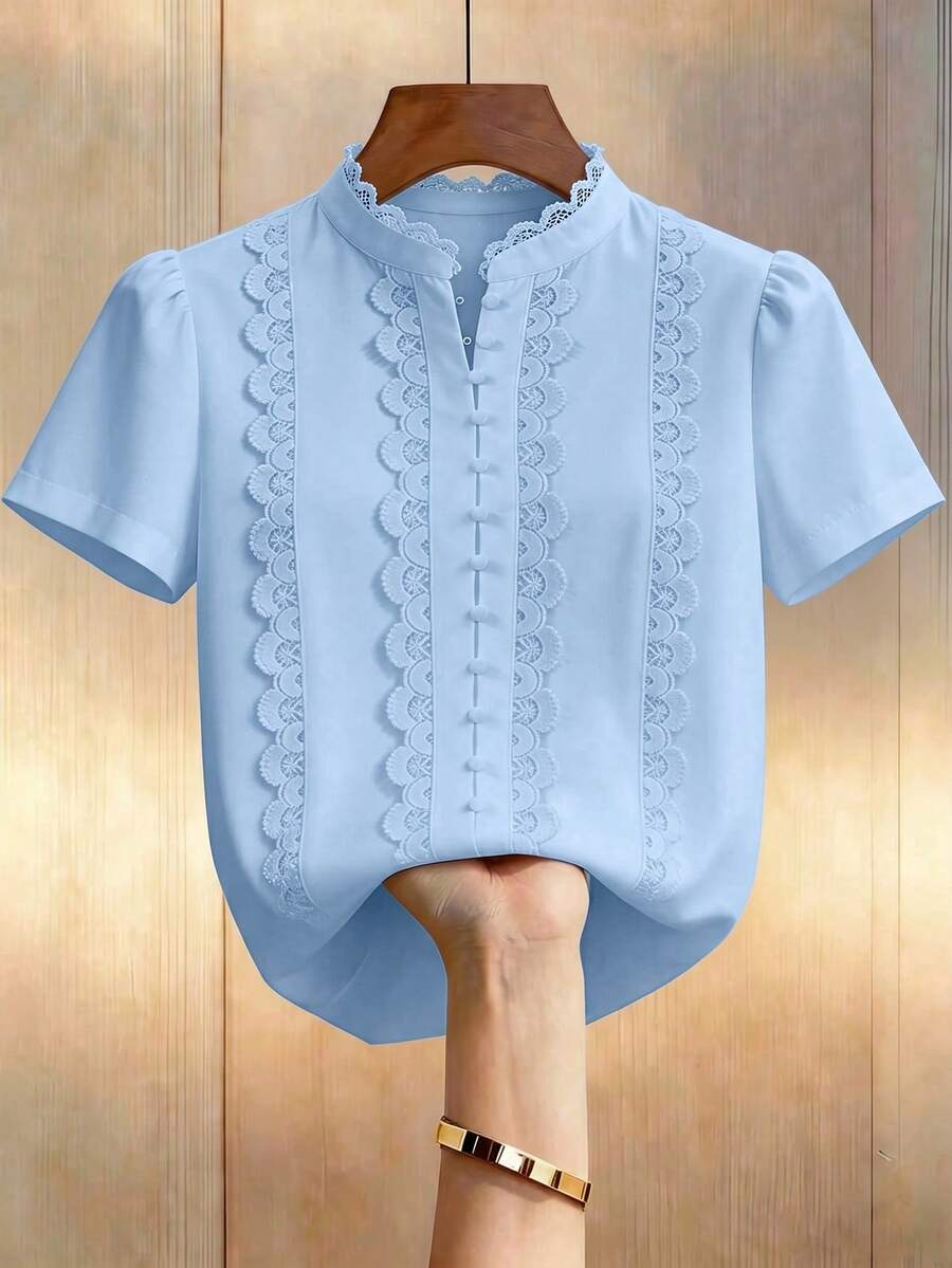 SHEIN LUNE CURVE 大码纯色简约短袖衬衫 - 藍色 - 查看 1