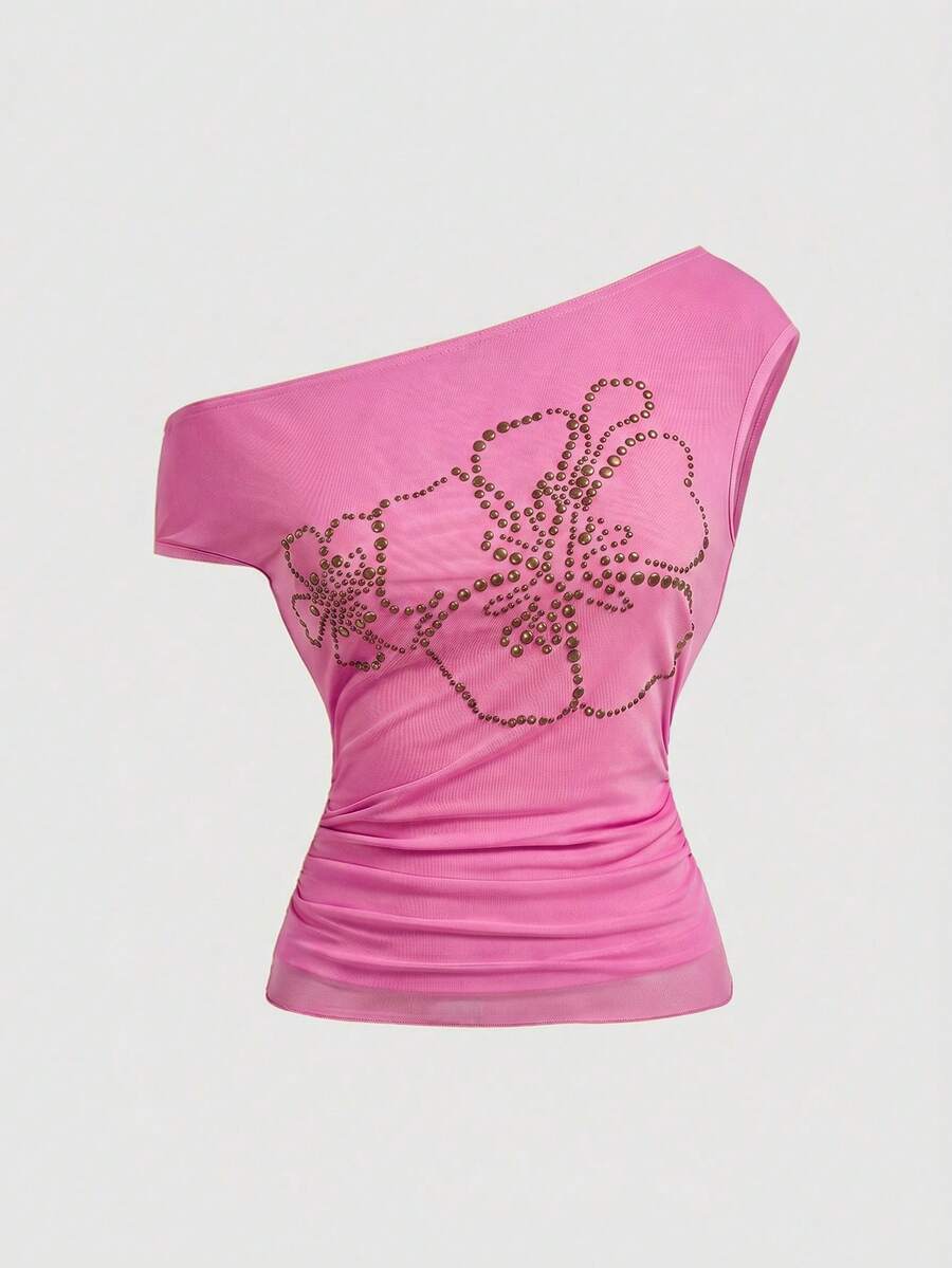 ROMWE Y2K Style Hibiscus Flower Rivet Sequin Decor Women Slim Fit Asymmetrical Shoulder Top - Hot Pink - View 1