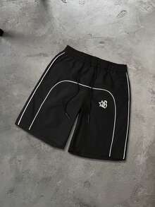 PAVTROS Quần short nam in hình ngôi sao, kẻ sọc, phối màu tương phản, cạp chun có dây rút. - màu đen - Xem 3