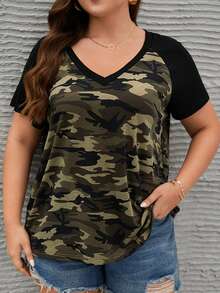 EMERY ROSE Plus Camo Print Contrast Raglan Sleeve Tee, Summer,Flower/Vacation/Spring - Multicolor - View 6