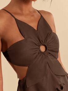 Travachic Solid Color Woven Multi-Layer Ruffle Hem Spaghetti Strap Backless Dress For Women, Spring/Summer - Brown - View 4