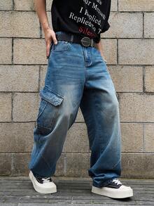 Manfinity EMRG Quần jean cargo denim wash dáng thường ngày dành cho nam - Màu xanh lam - Xem 6