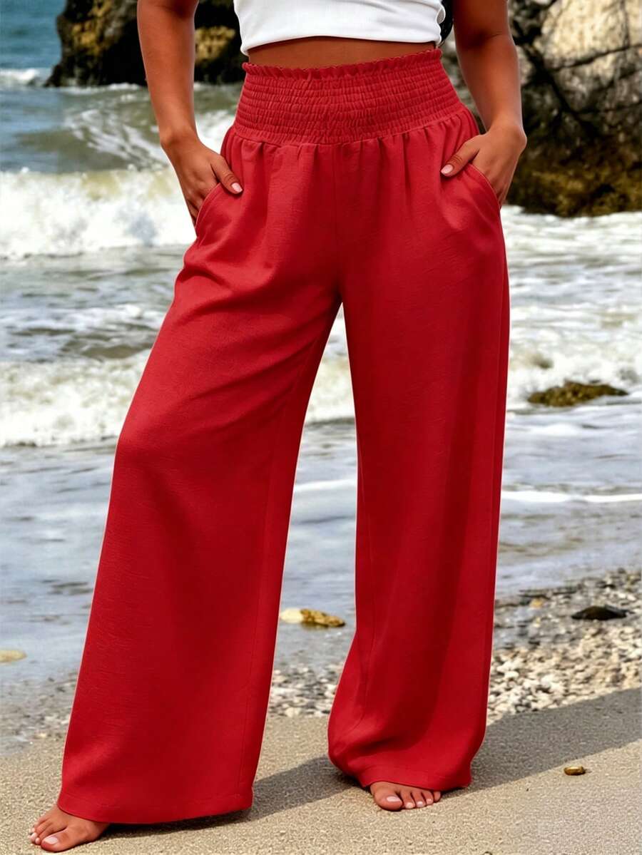 Linhara CURVE Quần dài nữ cỡ lớn, màu trơn, chất liệu chiffon, dáng rộng, thoải mái, cạp chun, gấu quần xếp ly, thích hợp cho công sở và mặc hàng ngày. - Đỏ - Xem 1