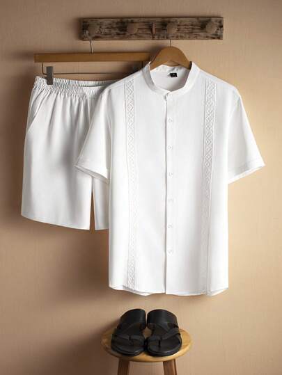 Core Aspect Men's Stand Collar Short Sleeve Simple White Casual Shirt Set, Versatile For Summer