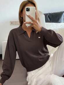Livesso Women's Solid Color Integrated Knit Collar Polo Neck Casual Commuter Knit Top, Spring/Summer - Coffee Brown - View 5