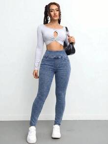 SHEIN Tall Quần jean nữ cạp cao, ôm sát, co giãn, thích hợp cho trang phục thường ngày mùa hè, dự tiệc và phong cách đường phố. Quần jean nữ ôm sát, co giãn, màu xanh dương, dành cho nữ cao. - Màu xanh lam - Xem 3