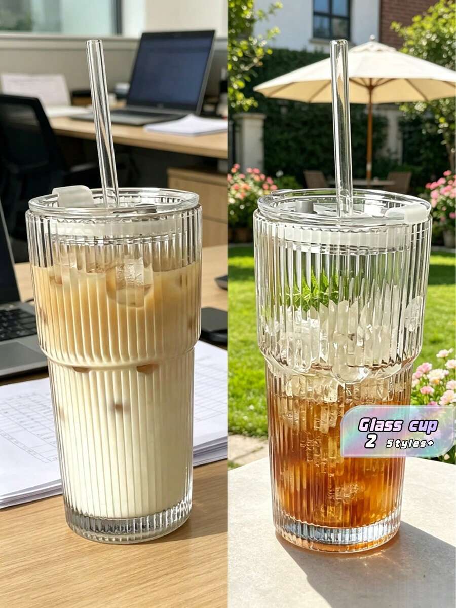 1pc,Striped Glass Cup With Straw And Lid - 20.29oz/600ml, Visually Appealing Glass Drinking Tumbler Suitable For Coffee, Tea, Milk, Iced Americano And Latte Drinks, Drinking Glass - transparent - View 1