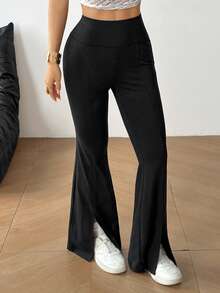 SHEIN EZwear 女士高腰黑色针织喇叭裤，带开衩 - 黑色 - 查看 6