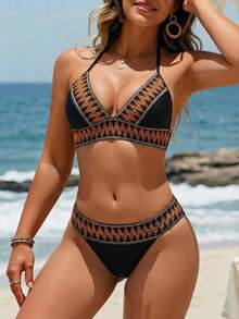 SHEIN Swim 鋸齒紋織帶比基尼套裝吊脖三角形文胸和高腰下裝2入組泳衣 - 彩色 - 查看 3