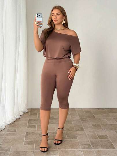 Auralis Plus Size Women 2pcs Set: Solid Color Off-Shoulder Short Sleeve T-Shirt And 7/8 Leggings, Casual