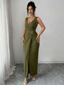 SHEIN Raffinéa Women's Elegant Textured Metal Ring Detail Split Dress, Summer - Army Green - View 7