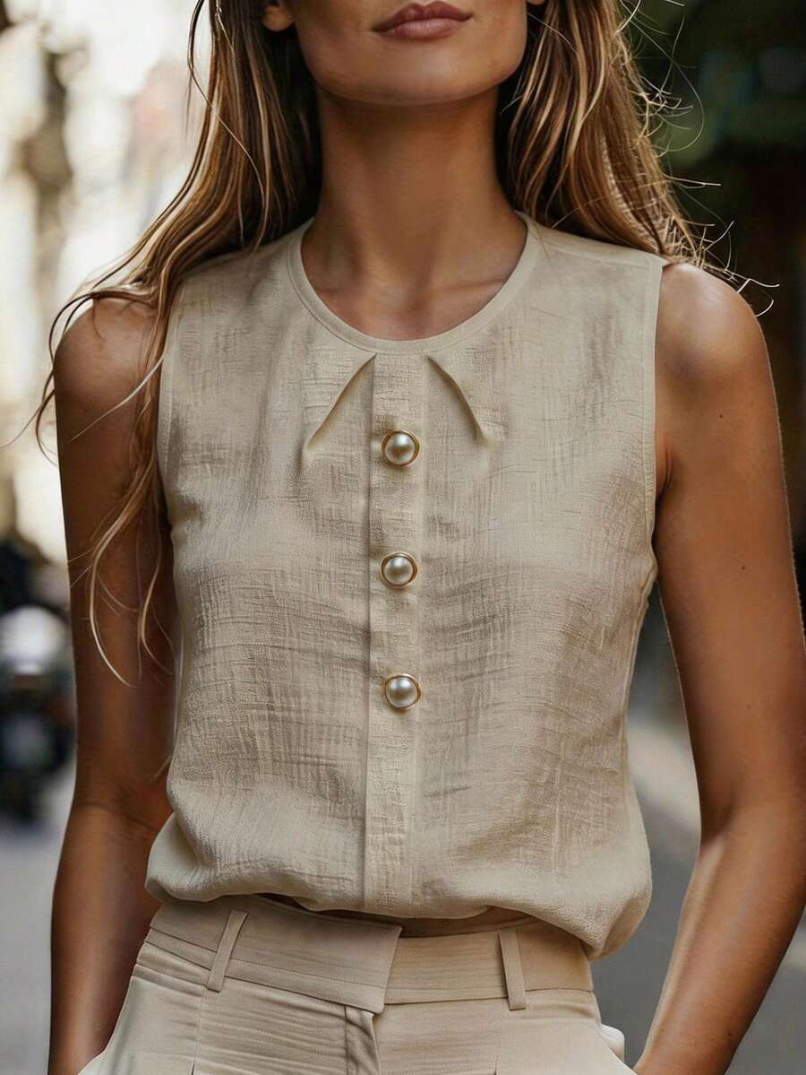 SHEIN 女士优雅日常通勤简约纯色珍珠纽扣装饰吊带背心,夏季 - 杏色 - 查看 1
