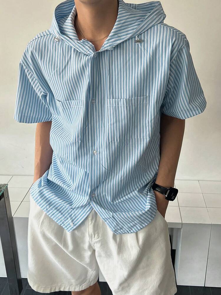 Men's Striped Blue Hooded Short Sleeve Button-Up Shirt, Summer