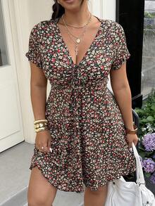 Muchica Plus Size Women's Casual V-Neck Ditsy Floral Dress - Multicolor - View 7