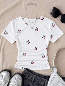 Teen Girl Casual Fitted Round Neck Ruched Short Sleeve T-Shirt, Suitable For Summer - Multicolor - View 4