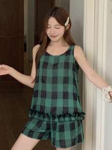DAZY Bộ đồ ngủ nữ kẻ caro cổ tròn không tay và quần short - trắng - Xem 4