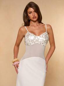SHEIN BAE Đầm voan mỏng đính sequin và hạt cườm thanh lịch dành cho nữ, đầm đi nghỉ mát, đầm trắng. - trắng - Xem 6