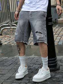 Manfinity EMRG Men's Plain Frayed Edge Pocket Ripped Fashionable Denim Shorts Ripped Denim Shorts Men - Light Grey - View 4