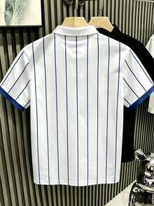 Manfinity Hypemode 男士棒球 65 印花條紋領 Polo 衫，經典休閒，適合購物、派對、旅行與日常穿著，適合男生、女生、年輕成人 - 彩色 - 查看 2