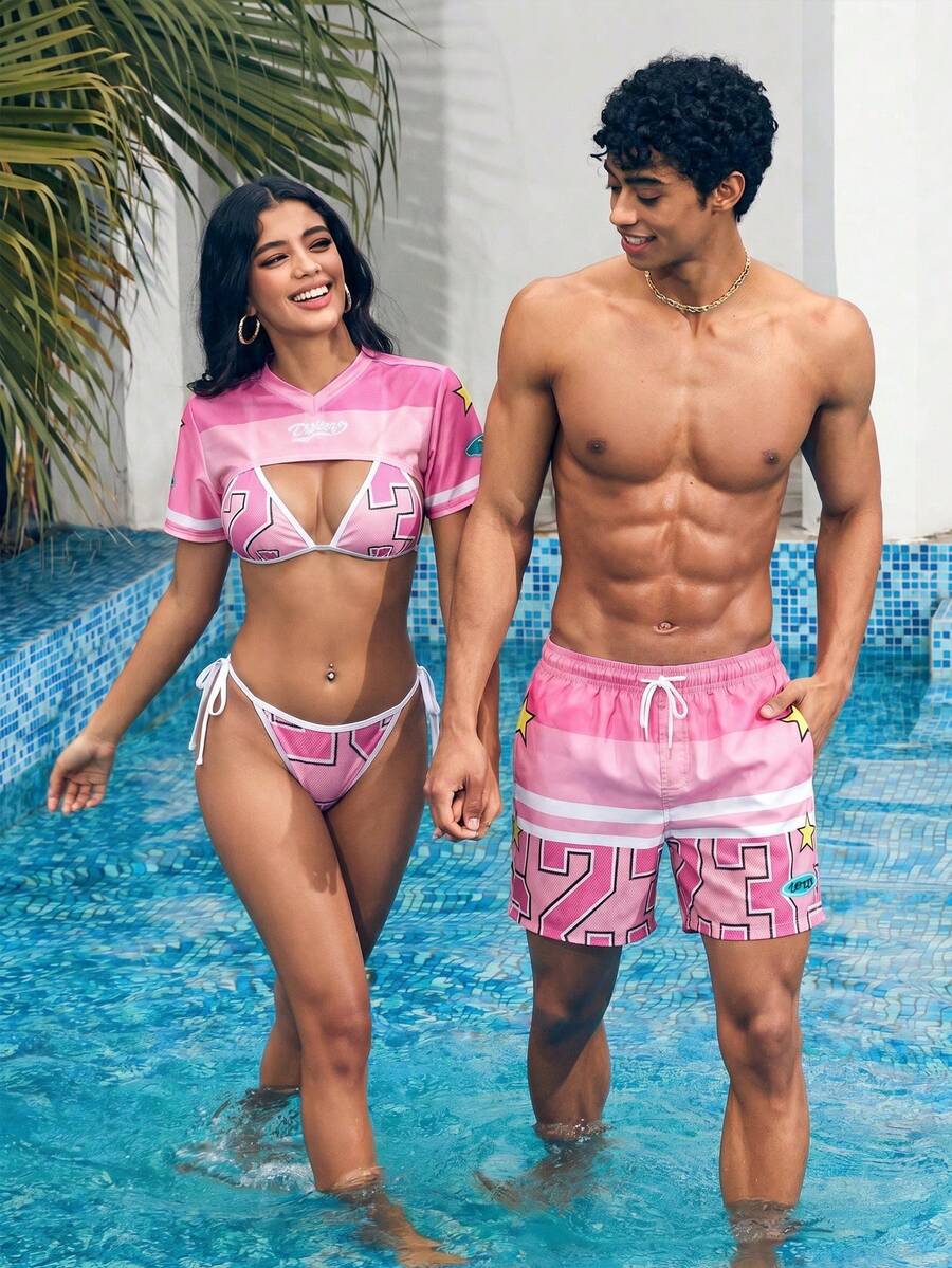 Manfinity Swimmode 男士粉色夏季休閒海灘度假數字星星印花拼接短褲,夏威夷熱帶泳褲,適合女性情侶穿搭 - 粉色 - 查看 1