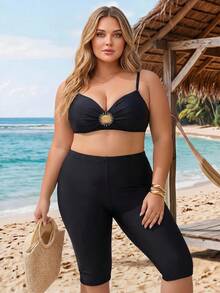 SHEIN CURVE+ 2026新款加大码夏季沙滩纯色比基尼泳裤 - 黑色 - 查看 6