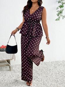 SHEIN Frenchy 大码休闲度假条纹无袖A字连衣裙衬衫和直筒休闲裤两件套 - 黑與白 - 查看 3