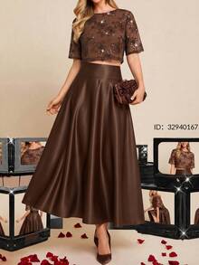 Ellevyn Women's Spring/Summer New Elegant High-End Embroidered Blouse & A-Line Skirt 2-Piece Set - Mocha Brown - View 11