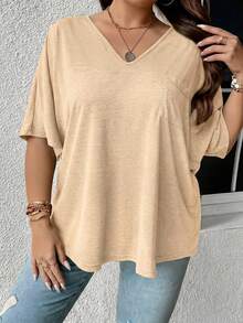 SHEIN LUNE Kaos Lengan Kelelawar Warna Polos Kasual Musim Panas Ukuran Besar - Aprikot - View 5