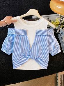 Áo sơ mi ngắn tay kẻ sọc dáng casual dành cho bé gái tuổi teen - Màu xanh lam - Xem 4
